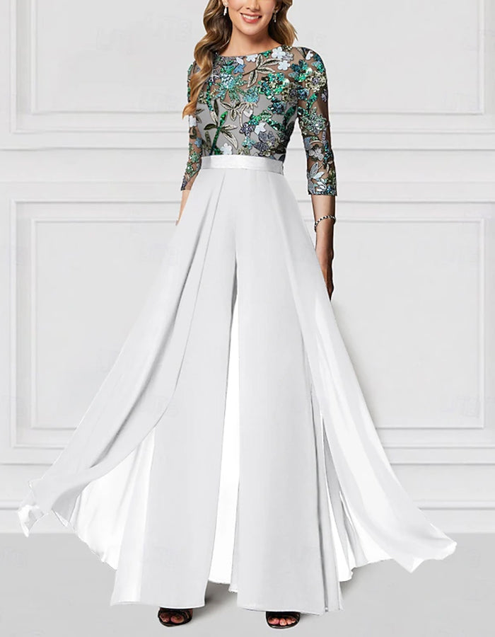 Floral Embroidered New Chiffon Half-Sleeve Sequined Jumpsuit