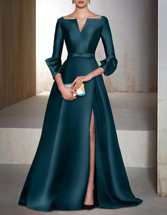 Vestido maxi de satén de cuello en V de manga larga de color liso