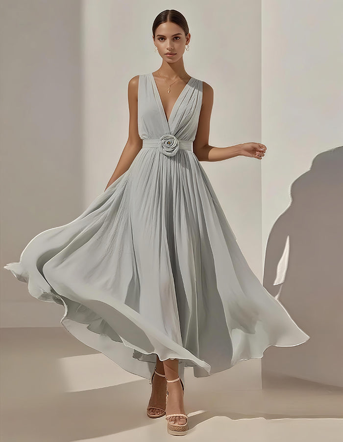 Vestido Midi Romántico de Gasa Plisada con Cintura Floral