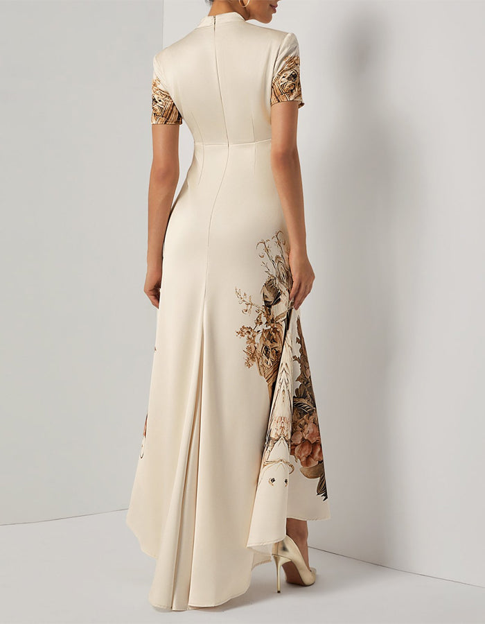 Elegant Cream Satin Gown with Baroque-Inspired Print and Structured Shoulders