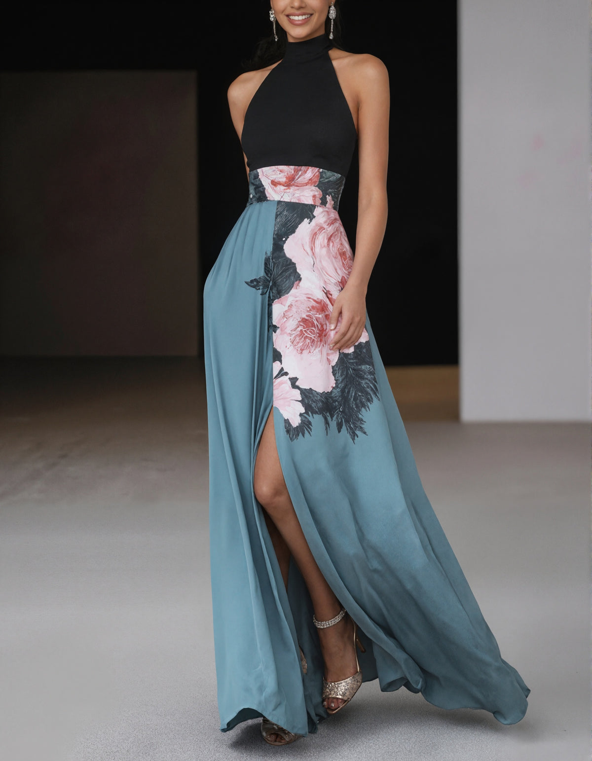 Elegant Black and Teal Satin Gown with Floral Waist Detail and Front Slit