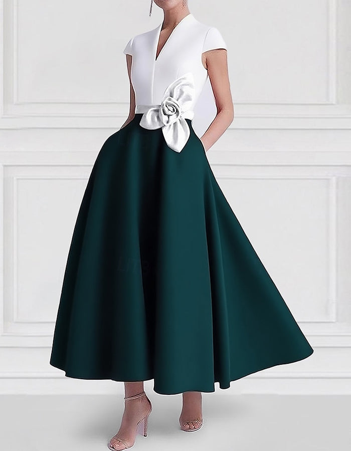 A-line Short-sleeved V-neck Satin Midi Dress