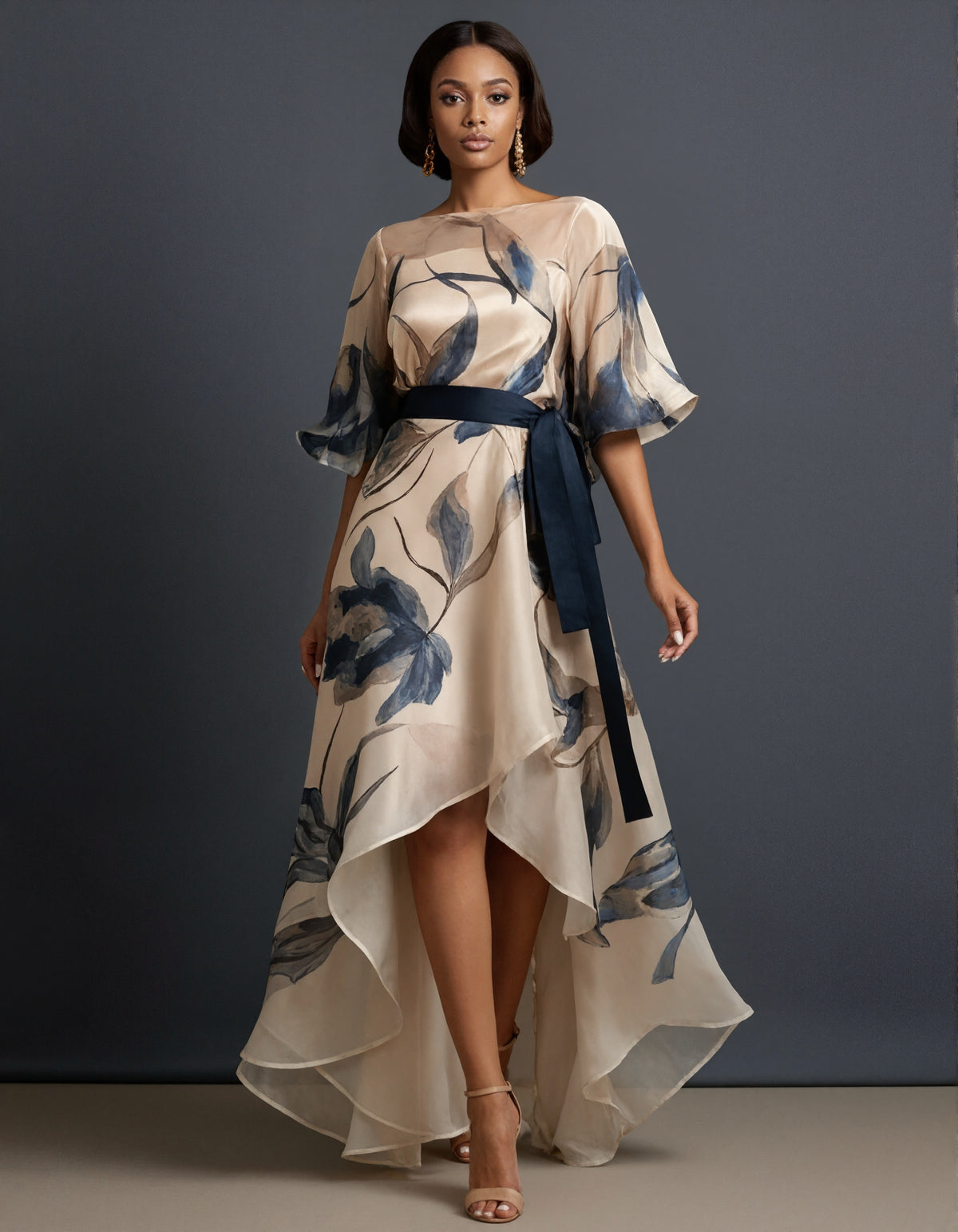 Elegant Navy Floral Organza Gown with High-Low Hem and Sash Belt
