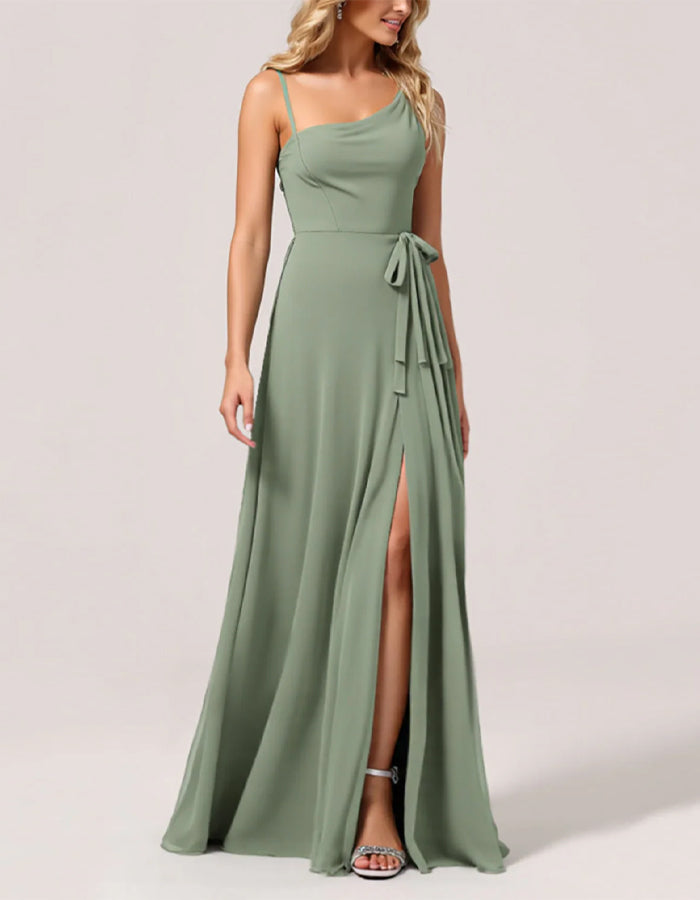 Green Chiffon Long A-Line Slit Bridesmaid Dress