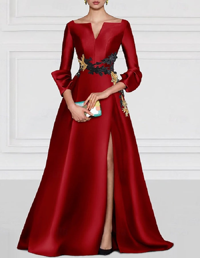 Elegant Satin Gown with Embroidered Waist and Split Skirt