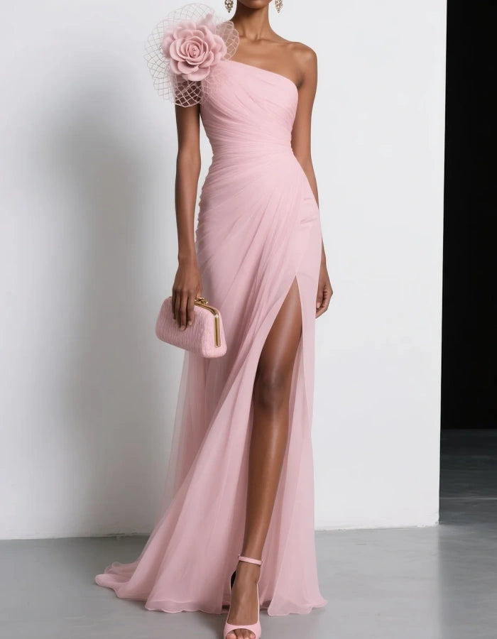 Light Pink Chiffon One Shoulder 3D Camellia Slit Maxi Dress
