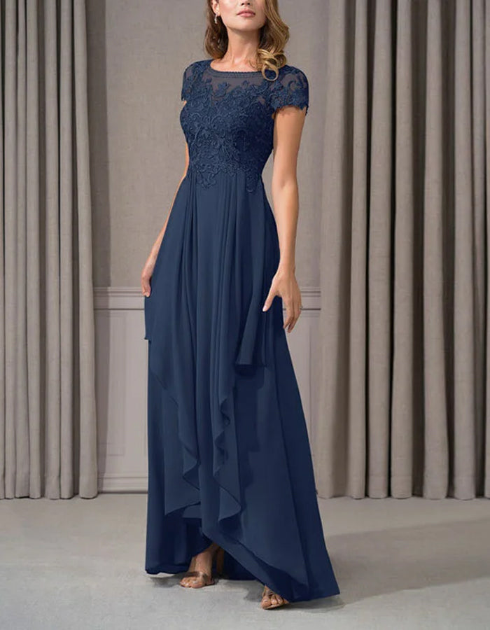 Navy Chiffon Evening Dress – Lace Bodice with High-Low Hemline & Pleated Skirt