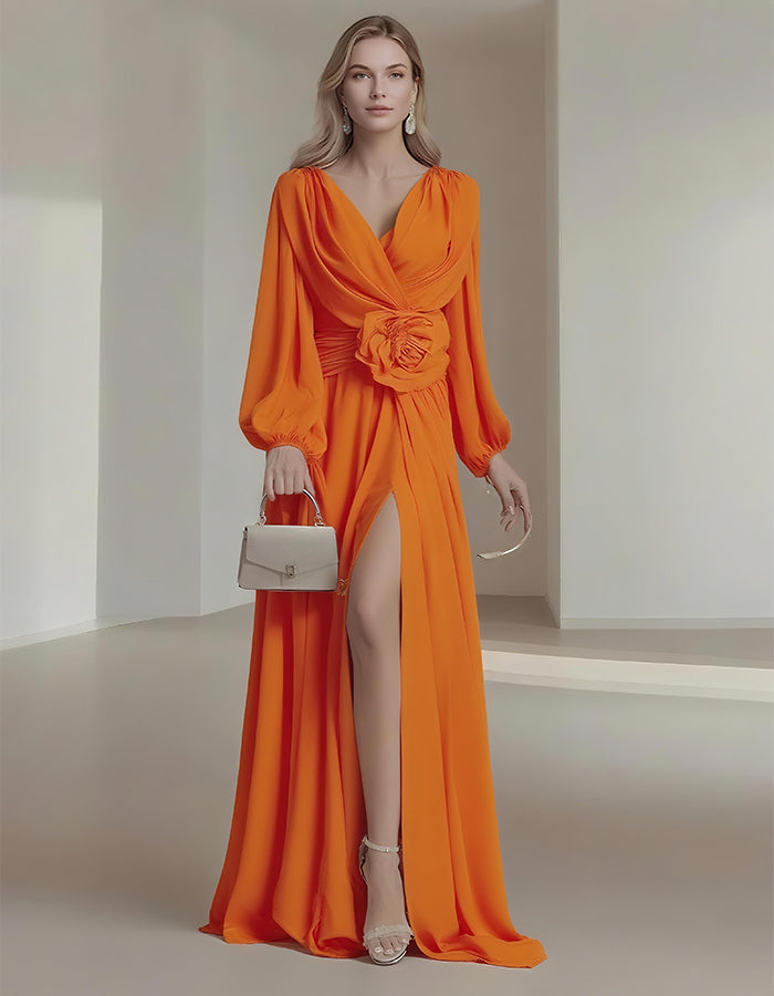 Elegante vestido largo de chifón de color liso con abertura y mangas abullonadas