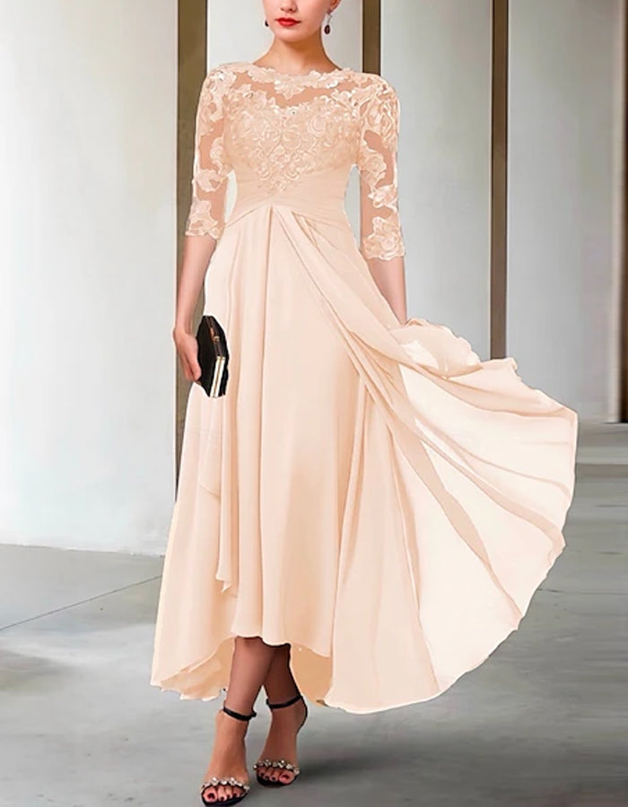 A-line Asymmetric Chiffon Lace Half Sleeve Midi Dress