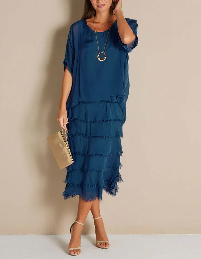 Elegant Chiffon Midi Dress with Tiered Fringe Skirt and Sheer Overlay