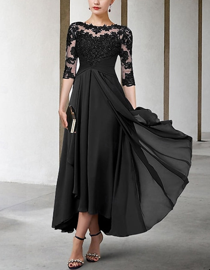A-line Asymmetric Chiffon Lace Half Sleeve Midi Dress