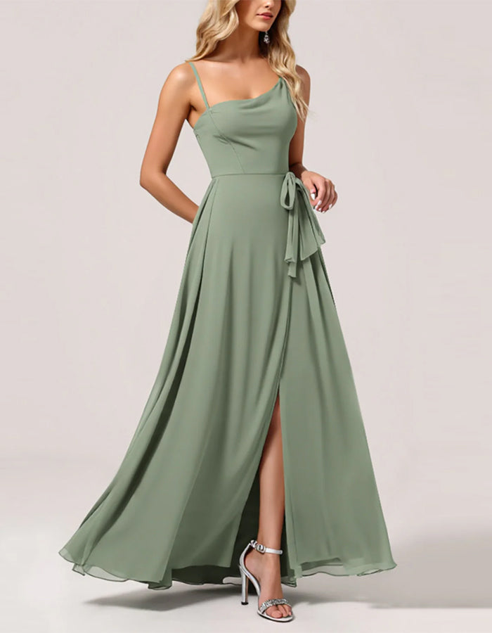 Green Chiffon Long A-Line Slit Bridesmaid Dress