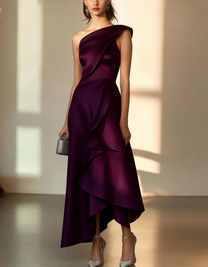 Elegante Vestido de Satén Verde Menta con Volante Asimétrico y Escote de Un Solo Hombro
