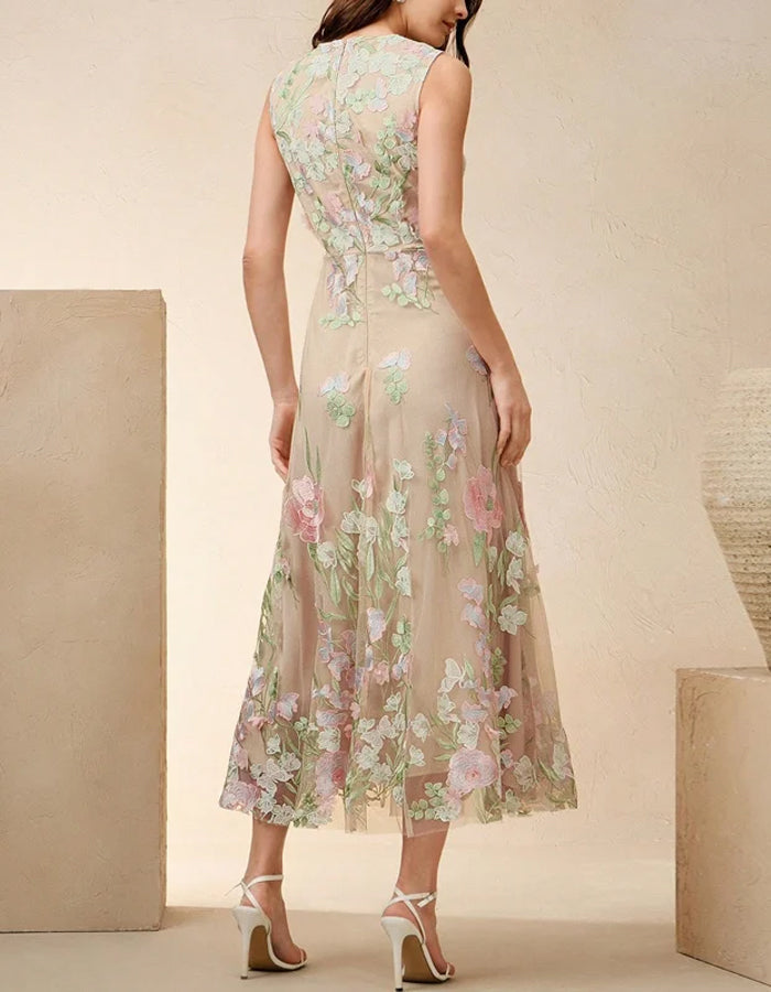 Romantic Beige Tulle Dress with Pastel Floral Embroidery