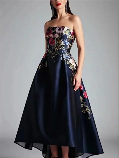 Elegant Navy Satin Gown with Strapless Floral Bodice and High-Low Hem