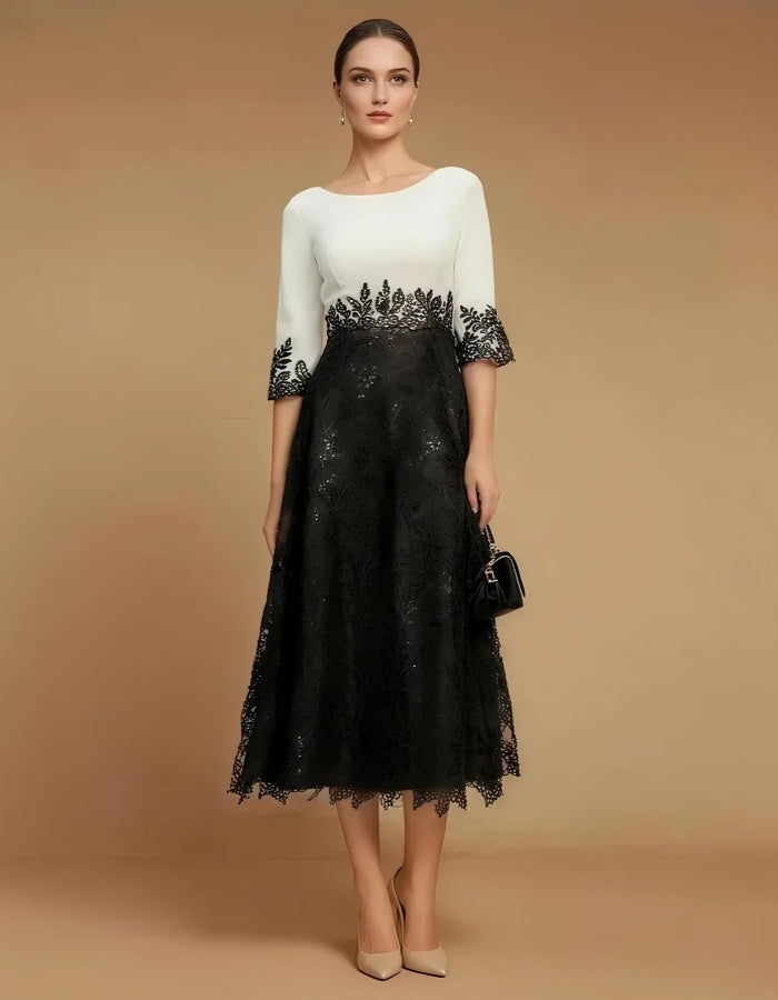A-line Lace Colorblock Midi Dress