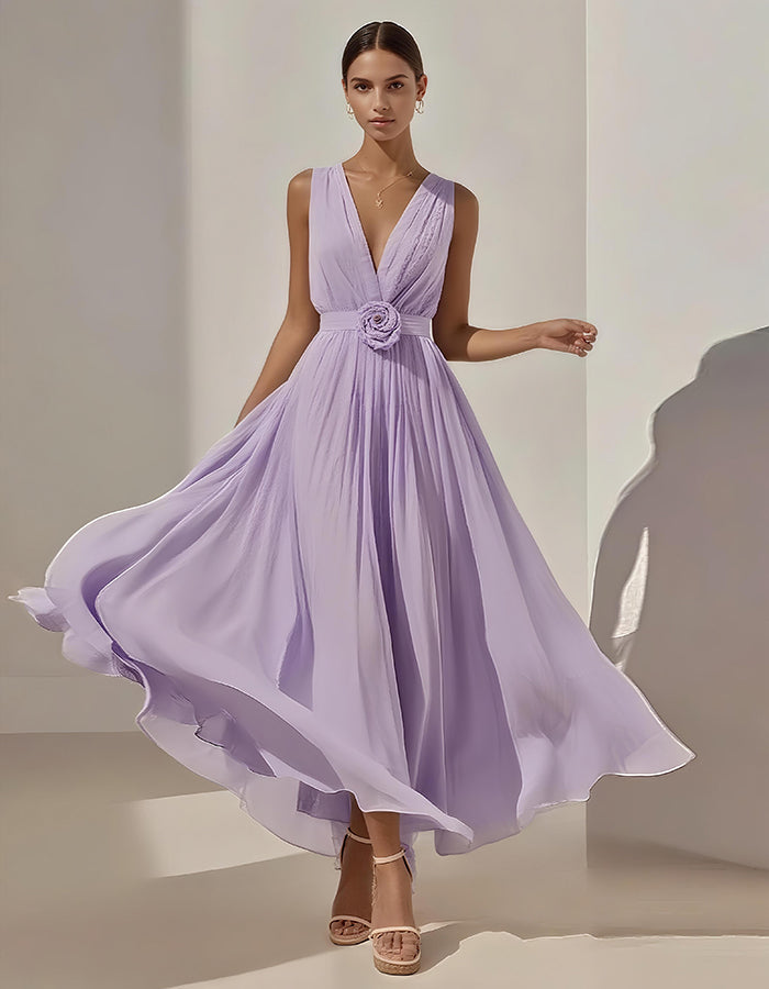 Vestido Midi Romántico de Gasa Plisada con Cintura Floral