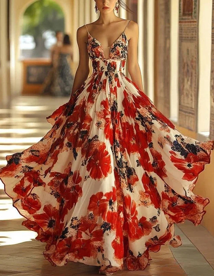 Bold Multicolor Chiffon Gown with Ruffled Hem and Spaghetti Straps