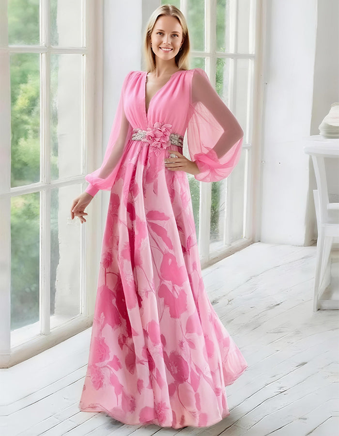 Elegant Navy Chiffon Gown with Floral Print Skirt and Sheer Bishop Sleeves