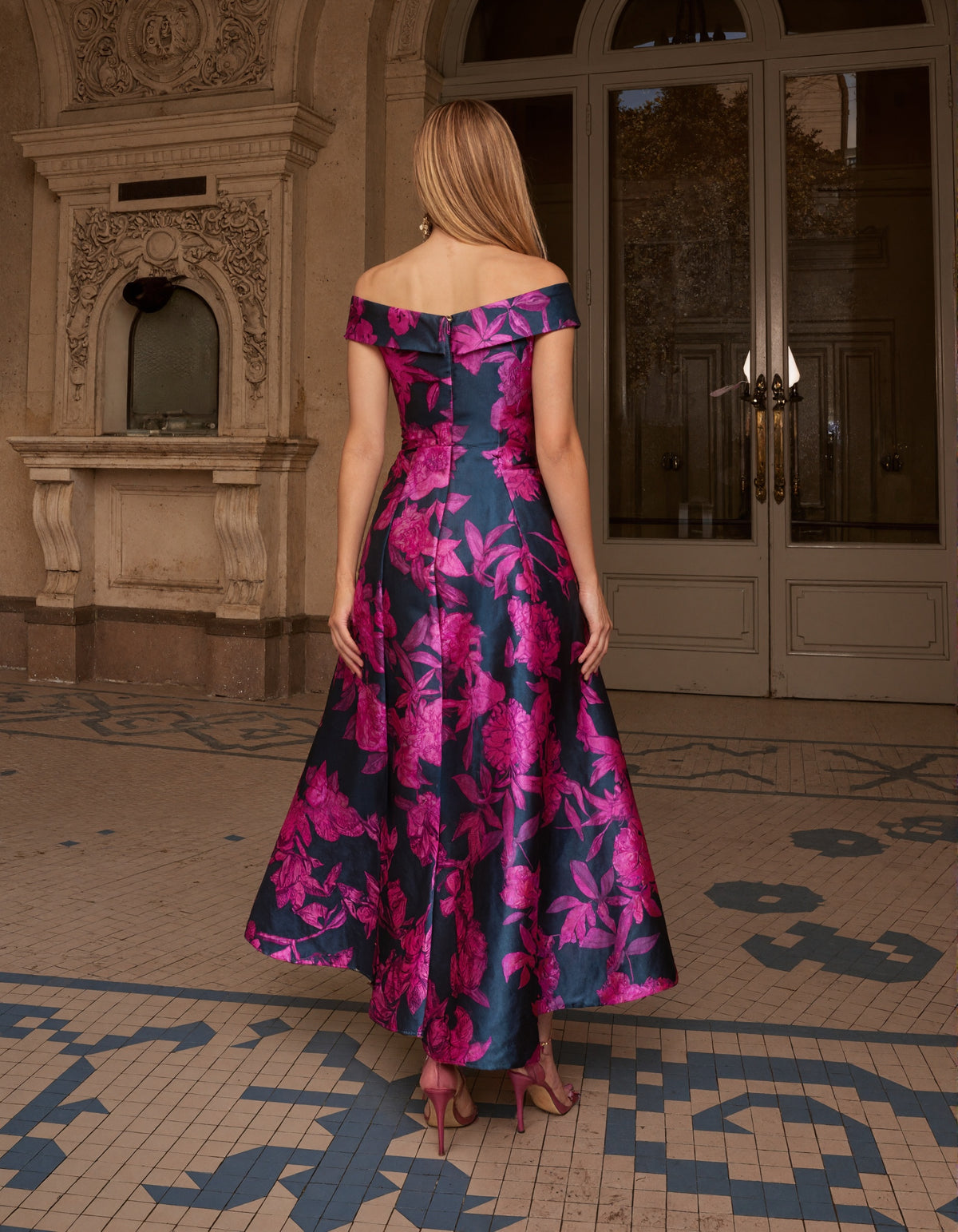 Rose Red Wedding Evening Party Satin Printed Midi Dress
