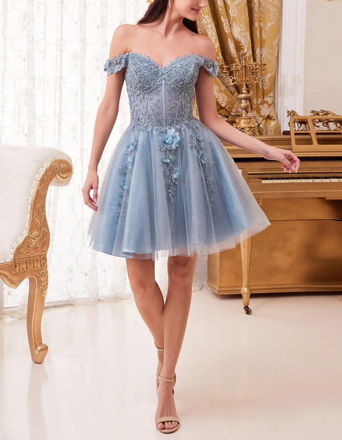 Solid Color Embroidered Lace Off The Shoulder Mini Dress