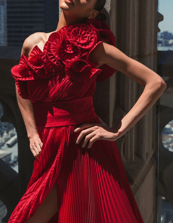 Red Ruffled Neckline With Pleated A-line Maxi Dress
