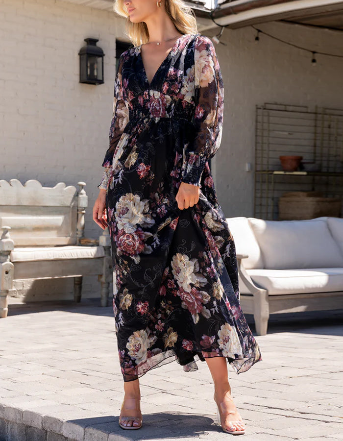 Black Chiffon Printed Long Sleeves Maxi Dress