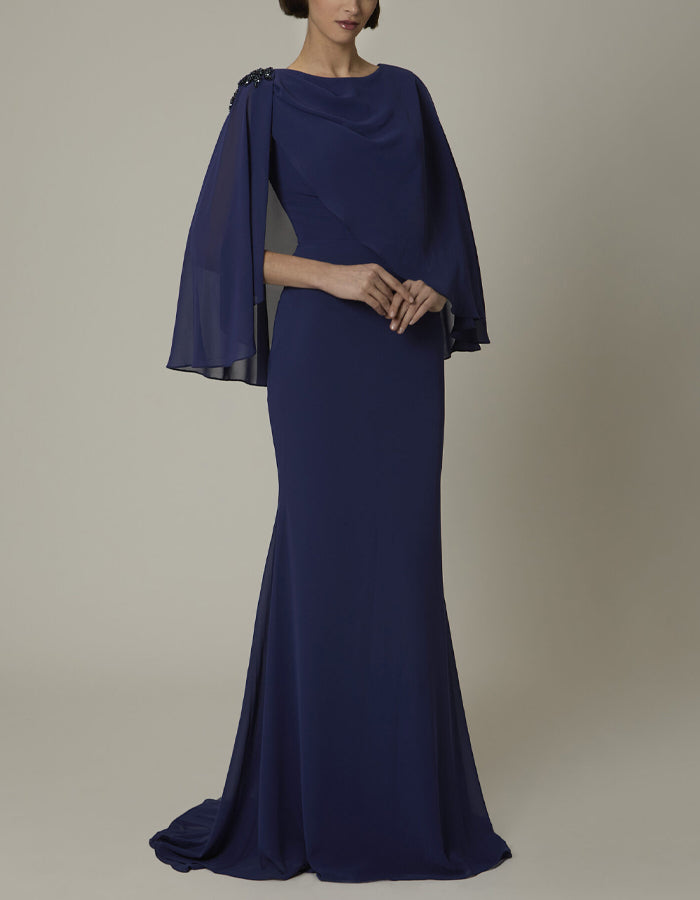 Blue Round Neck Chiffon Maxi Dress