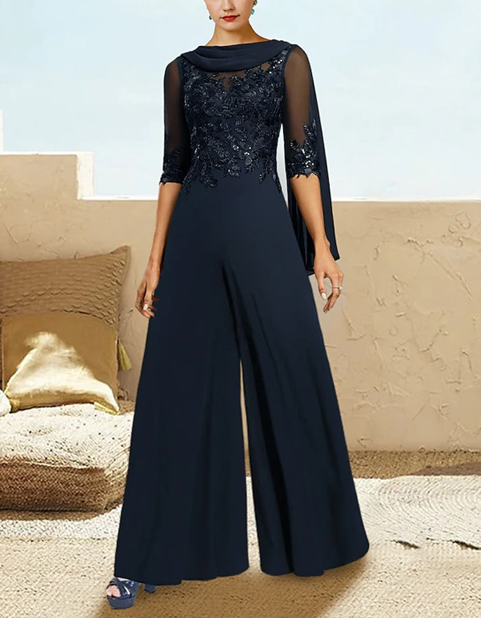 Dark Blue Chiffon Sequined Appliqué Jumpsuit