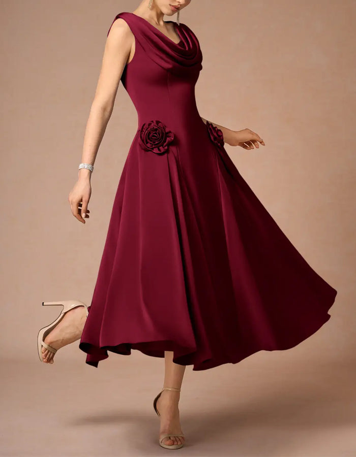 Red 3d Flower Sleeveless Satin Midi Dress