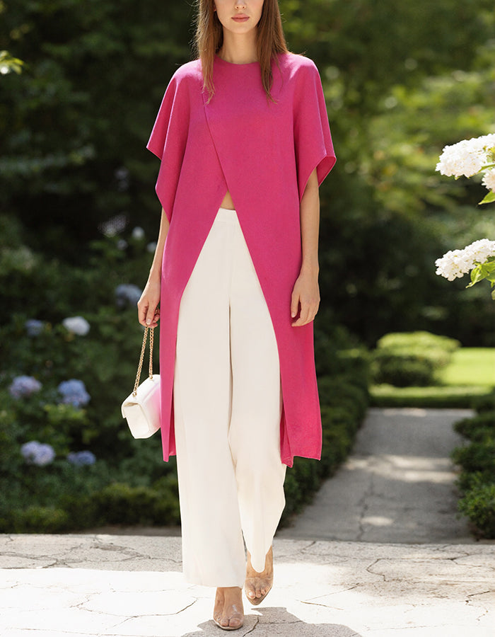 Rose Red Round Neck Wide Leg Pants 2-Piece Suit