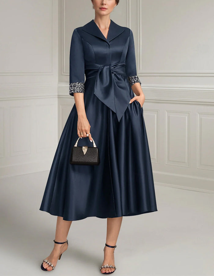 Navy A-Line Mother of the Bride Midi Dress