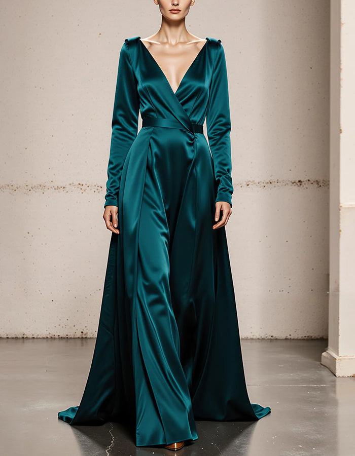 Peacock Green V-neck Satin Long Sleeves Maxi Dress