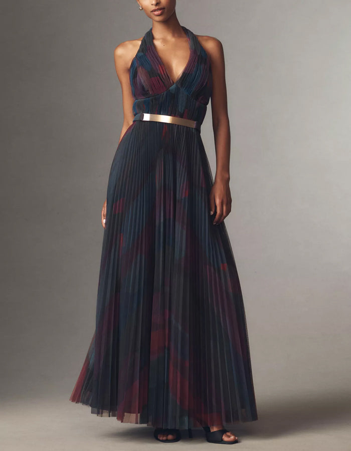 Dark Blue Chiffon Floral Long Sleeve V-neck Maxi Dress
