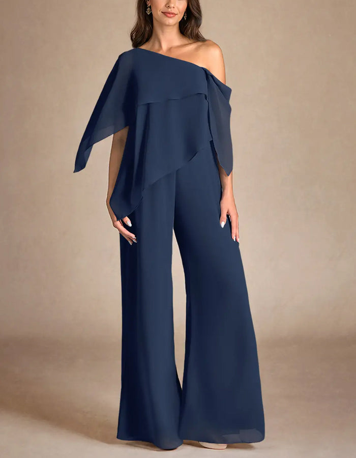 Dark Blue V-Neck Chiffon Short Sleeved Jumpsuit