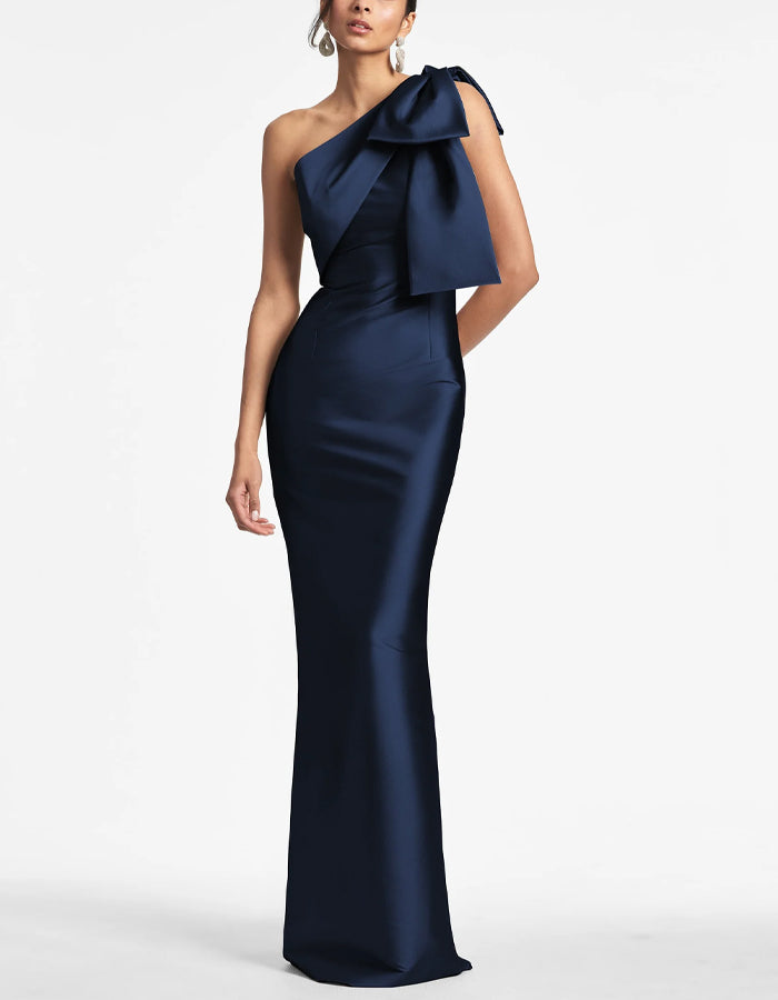 Blue One Shoulder Bow Satin Maxi Dress