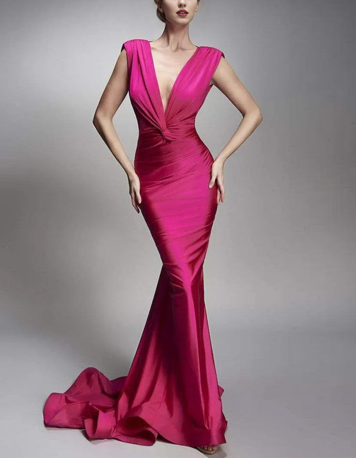 Rose Red Deep V-neck Open Back Satin Split Fishtail Maxi Dress
