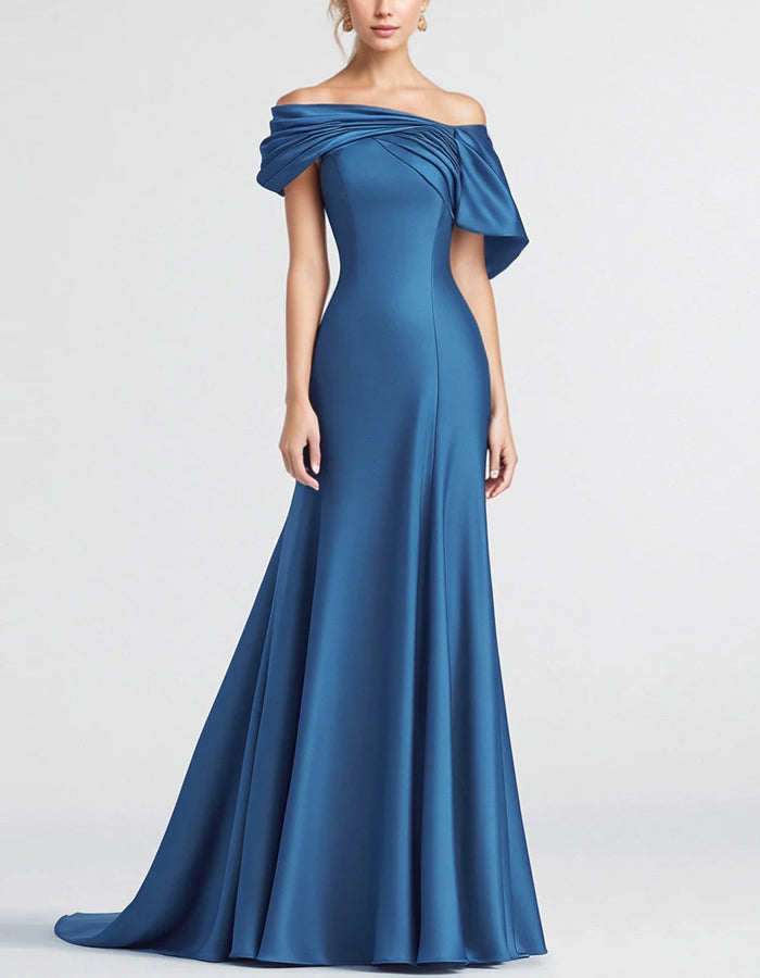 Vestido maxi de satén azul con hombros descubiertos