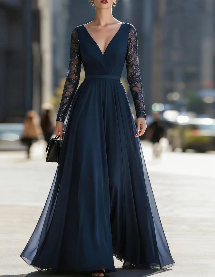 Navy Sequined Mesh Long Sleeve Maxi Dress