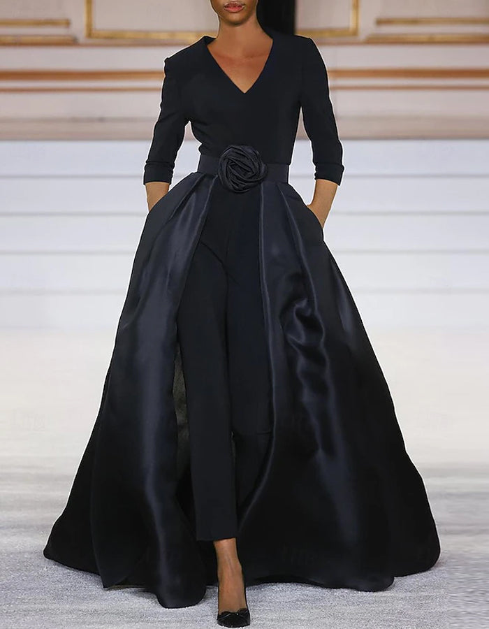 Black V-neck Trailing Three-quarter Sleeve Jumpsuit