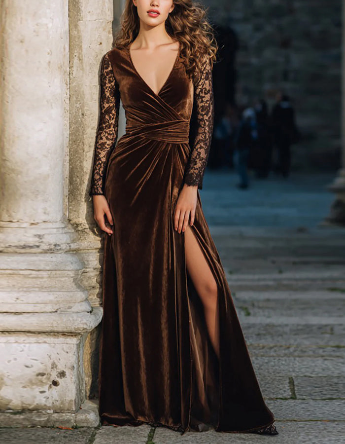 Brown Velvet Long Sleeved Slit Maxi Dress