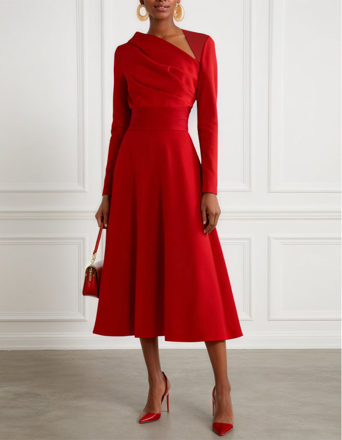 Red Asymmetrical Long Sleeved A-line Midi Dress