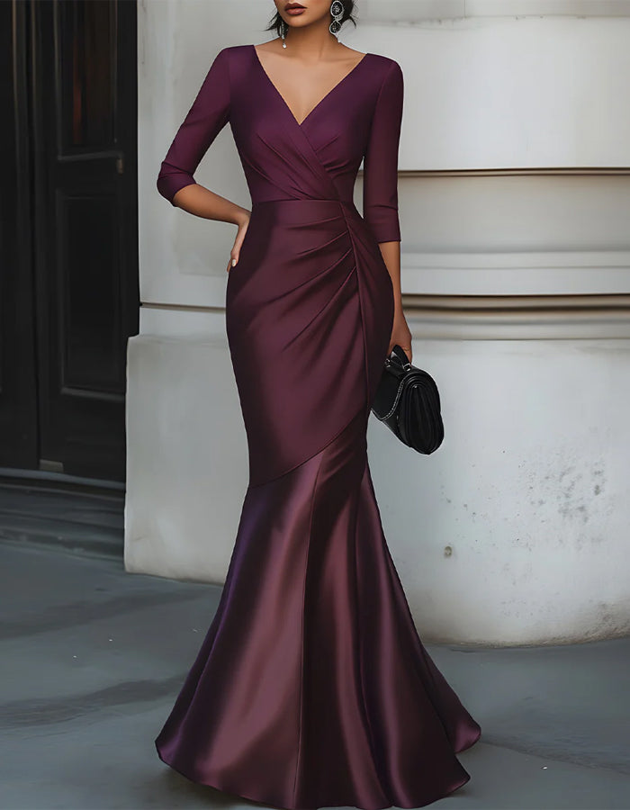 Burgundy V-neck Satin Fishtail Maxi Dress