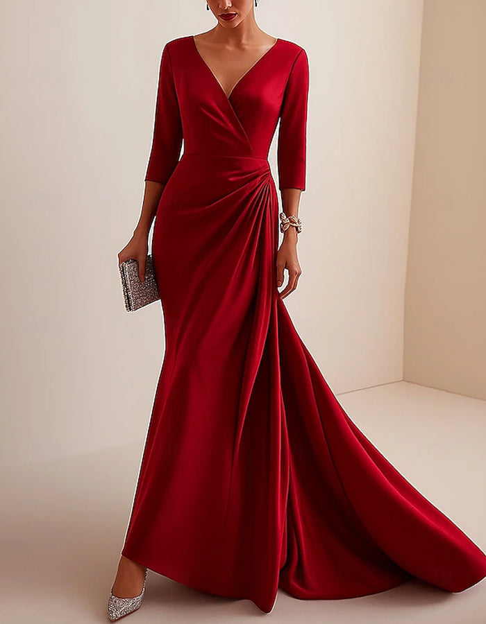 Vestido largo de satén de color liso con cuello de pico y manga larga