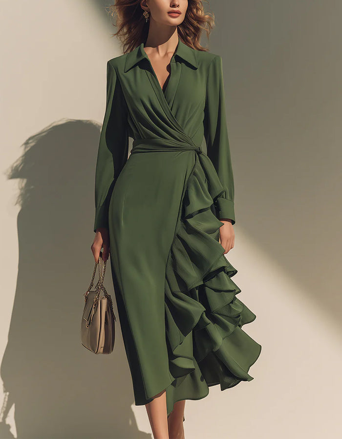 Olive Green Long Sleeved Ruffled Top Maxi Dress