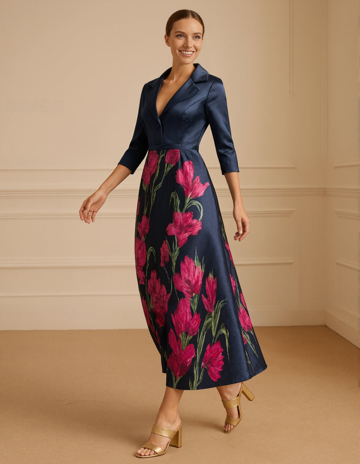 Dark Blue A-Line Mother of the Bride Stretch Satin Floral Print Midi Dress