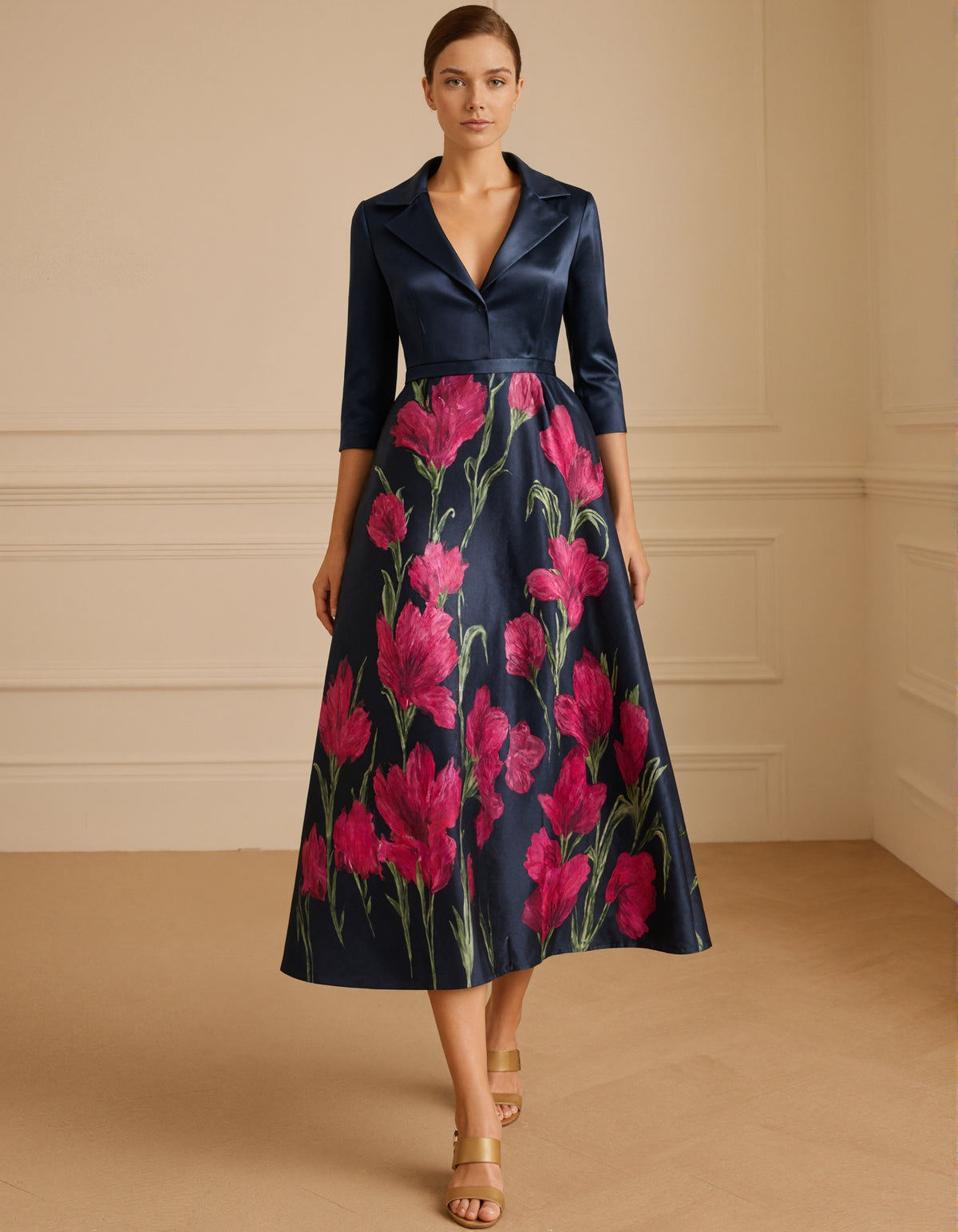 Dark Blue A-Line Mother of the Bride Stretch Satin Floral Print Midi Dress