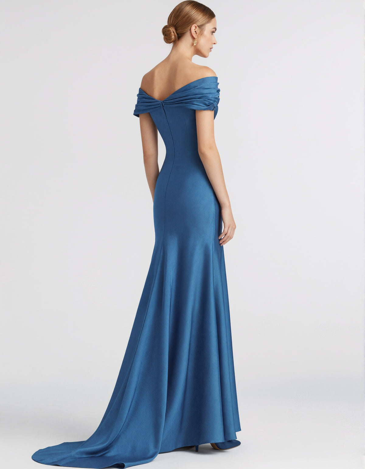 Blue Off The Shoulder Satin Maxi Dress