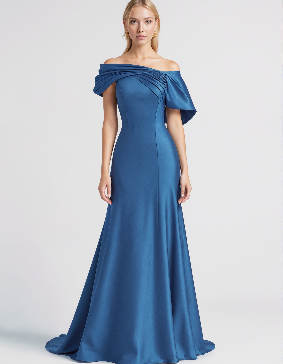 Blue Off The Shoulder Satin Maxi Dress