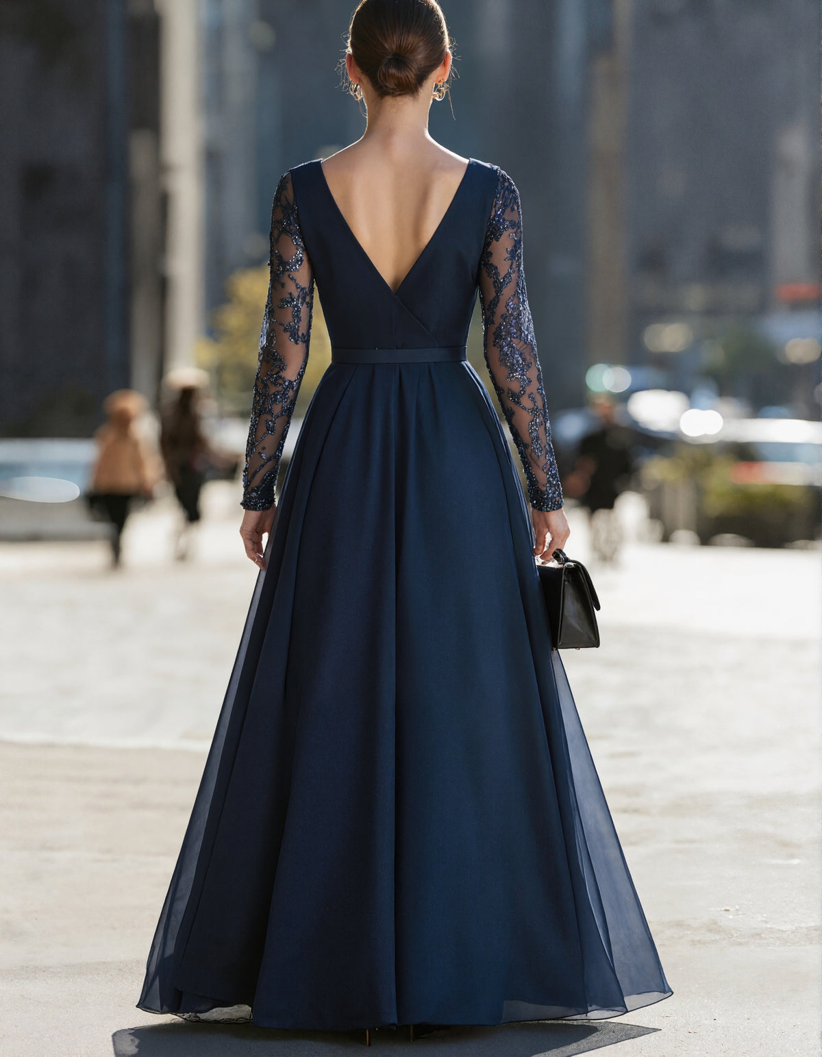 Navy Sequined Mesh Long Sleeve Maxi Dress
